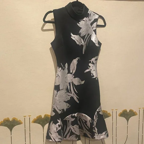 Karen Millen Black and Silver Mock Neck Scuba Fit and Flare Mini Dress Size  2